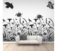 Mural de pared de flores silvestres de naturaleza en blanco y negro, plantas e insectos, escarabajos, niños, mariposas voladoras, decoración para sala de estar, dormitorio, sofá, TV, póster de 300 x