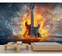 Mural de pared de guitarra, papel tapiz 3D de música, mural de guitarra de agua y fuego para habitación de los niños, sala de estar, dormitorio, sofá, TV, decoración de fondo - 366 x 254 cm