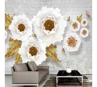 Mural de pared de ladrillo con flores blancas pintadas a mano con foto 3D personalizada para dormitorio,sala de estar,TV,sofá,fondo de papel tapiz en relieve 250cm(W)×175cm(H)