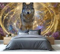 Mural de pared de lobo mágico encantado - Espíritu del bosque fantástico con auras doradas. Arte para dormitorio, sala de estar y decoración mítica. 250x195cm (No es autoadhesivo)