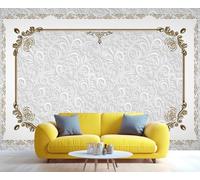 Mural de pared de lujo blanco damasco con marco dorado ornamentado: papel pintado con intrincado patrón floral texturizado para sala de estar dormitorio 280x200cm (No es autoadhesivo)