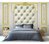 Mural de pared de lujo color crema con detalles dorados ornamentales, elegante decoración de pared 3D para sala de estar, dormitorio, pared protagonista de diseño 300x210cm (No es autoadhesivo)