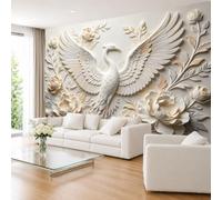 Mural De Pared De Lujo con Efecto 3D De Yeso Falso Oriental: Majestuosa Grulla Blanca con Alas Completamente Abiertas. Papel Pintado Fotográfico No Tejido para Decoración De Paredes Del Hogar. 180