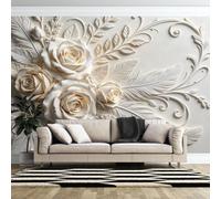 Mural De Pared De Lujo con Relieve De Yeso Falso De 150 × 105 cm (Ancho X Alto) Papel Pintado Fotográfico De Rosas Blancas Elegante Decoración De Pared Floral Clásica No Tejida para Fondo De Sof