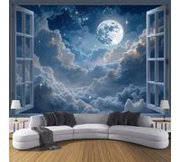 Mural De Pared De Nubes De Luna Llena 300x210cm, Papel Pintado Panorámico Vista Nocturna En 3D Desde La Ventana Exterior, Gran Seda Papel Pintado Decoración De Pared Sala TV Fondo Decorativos Murales