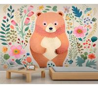 Mural de pared de oso, papel pintado 3D de oso de dibujos animados, mural de flores bohemias para casa de campo, sala de estar, dormitorio, sofá, decoración de fondo de TV, 250 x 175 cm