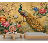 Mural de pared de pavo real y peonía de estilo chino, papel tapiz de arte oriental tradicional, elegante decoración floral para sala de estar y dormitorio. 100x100cm (No es autoadhesivo)