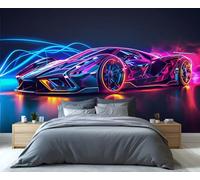 Mural de pared de superdeportivo cyberpunk neón: arte futurista de coches de carreras neón para sala de juegos, guarida masculina y decoración para entusiastas del automovilismo. 100x100cm