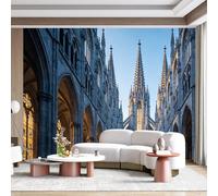 Mural de pared de tamaño personalizado, arquitectura gótica, catedral, vidrieras, clásico, europeo, interior, reflejo, tela autoadhesiva, extraíble, para decoración del hogar y la oficina