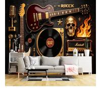 Mural de pared de tamaño personalizado, autoadhesivo, extraíble, de tela, rock, música, guitarra, vinilo, retro, micrófono, fuego, art deco, grande, decoración para sala de estar