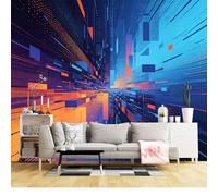 Mural de pared de tamaño personalizado, autoadhesivo, tela extraíble, abstracto, geométrico, degradado, efecto 3D, paisaje urbano futurista, calcomanía de pared grande para sala de estar
