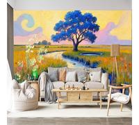 Mural de pared de tamaño personalizado, autoadhesivo, tela extraíble, árbol azul vivo, río enrollado, campo dorado, atardecer, cielo, paisaje artístico, calcomanía de pared grande para sala de estar