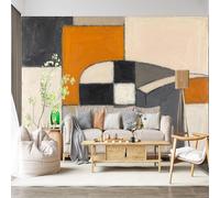 Mural de pared de tamaño personalizado, autoadhesivo, tela extraíble, arte geométrico abstracto, mediados de siglo, formas modernas y atrevidas, curvas orgánicas, color gris ocre, blanco, calcomanía