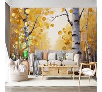 Mural de pared de tamaño personalizado, autoadhesivo, tela extraíble, bosque de abedules, círculos dorados, camino natural, paisaje, calcomanía de pared grande para decoración de sala de estar