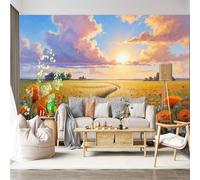 Mural de pared de tamaño personalizado, autoadhesivo, tela extraíble, campo de amapolas, puesta de sol, escénico, castillo pastoral, campo, paisaje sereno, calcomanía de pared grande para decoración