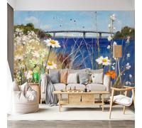 Mural de pared de tamaño personalizado, autoadhesivo, tela extraíble, campo de margaritas, puente de verano, paisaje, naturaleza, pintura al óleo, gran adhesivo decorativo para sala de estar