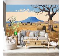 Mural de pared de tamaño personalizado, autoadhesivo, tela extraíble, campo de montaña azul surrealista, balas de heno, árbol seco, paisaje, calcomanía de pared grande para decoración de sala de estar