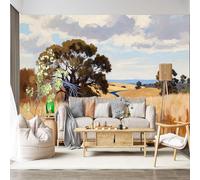Mural de pared de tamaño personalizado, autoadhesivo, tela extraíble, campo dorado, paisaje rural, campo, paisaje escénico, árbol, arroyo, calcomanía de pared grande para decoración de sala de estar