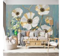 Mural de pared de tamaño personalizado, autoadhesivo, tela extraíble, color oro blanco, floral, botánico, texturizado, arte abstracto, calcomanía de pared grande para sala de estar