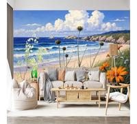 Mural de pared de tamaño personalizado, autoadhesivo, tela extraíble, costa del océano, playa, flores tropicales, paisaje marino, naturaleza escénica, calcomanía de pared grande para sala de estar