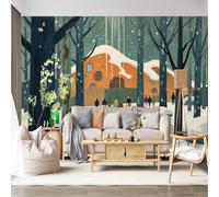 Mural de pared de tamaño personalizado, autoadhesivo, tela extraíble, escena del bosque de invierno, gente caminando, camino nevado, casa acogedora, obra de arte abstracta, calcomanía de pared grande