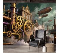Mural de pared de tamaño personalizado, autoadhesivo, tela extraíble, estilo steampunk, industrial, paisaje urbano, engranajes de tren, arquitectura retro, gran adhesivo decorativo para sala de estar