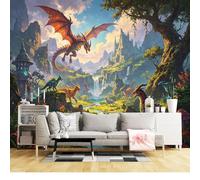 Mural de pared de tamaño personalizado, autoadhesivo, tela extraíble, fantasía, reino, dragón, cascada, paisaje, arte mágico, arte de bosque, calcomanía de pared grande para sala de estar