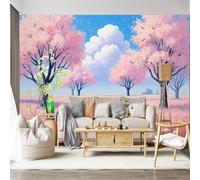 Mural de pared de tamaño personalizado, autoadhesivo, tela extraíble, flor rosa, prado de ensueño, primavera, cielo pastel, calcomanía de pared grande para sala de estar