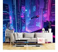 Mural de pared de tamaño personalizado, autoadhesivo, tela extraíble, futurista, cyberpunk, neón, paisaje urbano, horizonte nocturno, ciencia ficción, efecto 3D, gran adhesivo decorativo para sala de