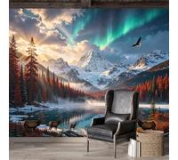 Mural de pared de tamaño personalizado, autoadhesivo, tela extraíble, luces del norte, montaña, lago, bosque, paisaje, calcomanía de pared grande, decoración para sala de estar