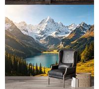 Mural de pared de tamaño personalizado, autoadhesivo, tela extraíble, montaña nevada, lago, paisaje alpino, naturaleza escénica, calcomanía de pared grande para sala de estar