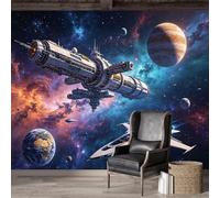Mural de pared de tamaño personalizado, autoadhesivo, tela extraíble, nave espacial futurista, galaxia, planeta, nebulosa, arte de ciencia ficción, decoración de pared grande para sala de estar