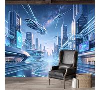 Mural de pared de tamaño personalizado, autoadhesivo, tela extraíble, paisaje urbano futurista, arquitectura de ciencia ficción, arte digital, arte digital, decoración de pared grande para sala de