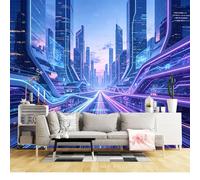 Mural de pared de tamaño personalizado, autoadhesivo, tela extraíble, paisaje urbano futurista, luces de neón, ciberpunk, horizonte urbano, calcomanía de pared grande para sala de estar