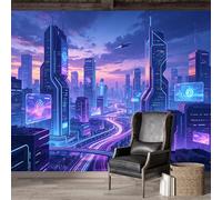 Mural de pared de tamaño personalizado, autoadhesivo, tela extraíble, paisaje urbano futurista, paisaje urbano moderno, calcomanía de pared grande para sala de estar