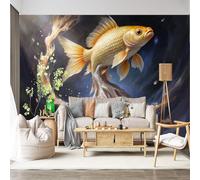 Mural de pared de tamaño personalizado, autoadhesivo, tela extraíble, peces koi dorados, vida acuática, arte de fantasía, agua mística, calcomanía de pared grande para sala de estar