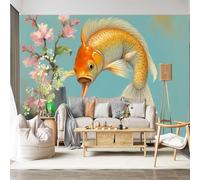 Mural de pared de tamaño personalizado, autoadhesivo, tela extraíble, pez koi, cerezo, flores, arte acuático oriental, arte de pared grande para sala de estar