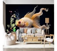 Mural de pared de tamaño personalizado, autoadhesivo, tela extraíble, pez koi dorado, burbujas de ensueño, criatura acuática, impresionante calcomanía de pared grande para sala de estar