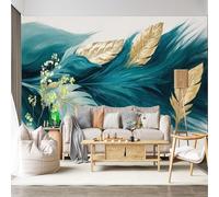 Mural de pared de tamaño personalizado, autoadhesivo, tela extraíble, plumas doradas, verde azulado, trazos abstractos que fluyen, arte grande, decoración para sala de estar