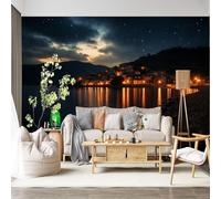 Mural de pared de tamaño personalizado, autoadhesivo, tela extraíble, pueblo costero, cielo nocturno, frente al mar, reflexión, paisaje mediterráneo, gran adhesivo decorativo para sala de estar