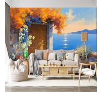 Mural de pared de tamaño personalizado, autoadhesivo, tela extraíble, puerta mediterránea, paisaje costero, cielo soleado, vista al océano, calcomanía de pared grande para sala de estar