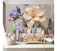 Mural de pared de tamaño personalizado, autoadhesivo, tela extraíble, texturizada, floral, naturaleza muerta, botánico, morado, crema, flores, decoración grande para sala de estar
