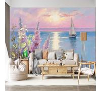 Mural de pared de tamaño personalizado, autoadhesivo, tela extraíble, velero, océano, puesta de sol, pintura floral, paisaje, calcomanía de pared grande para sala de estar