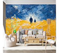 Mural de pared de tamaño personalizado, autoadhesivo, tela extraíble, viaje de padre e hijo, campo amarillo, cielo azul, arte texturizado, calcomanía de pared grande para sala de estar