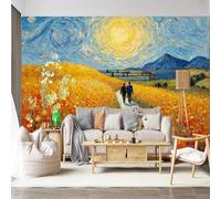 Mural de pared de tamaño personalizado, autoadhesivo, tela extraíble, vibrante camino del prado, pareja, caminando, paisaje rural, remolinos de cielo, calcomanía de pared grande para decoración de