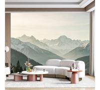 Mural de pared de tamaño personalizado, montaña alpina, valle, amanecer, paisaje, bosque, vista minimalista, paisaje, naturaleza, autoadhesivo, tela extraíble para decoración del hogar y la oficina