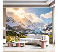 Mural de pared de tamaño personalizado, paisaje de montaña de prado alpino, floral, vista del amanecer, tela de pared autoadhesiva, extraíble para decoración del hogar y la oficina