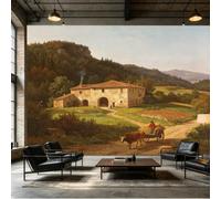 Mural de pared de tamaño personalizado, piedra rústica, granja, campo, carro de heno, paisaje de montaña, pintura al óleo, tela autoadhesiva, papel tapiz extraíble, decoración de pared para sala de