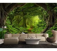 Mural de pared de textura de lienzo, paisaje fantasía bosque mágico encantado, papel pintado de vinilo autoadhesivo, calcomanía de pared de tela Peel & Stick 400cm x 280cm (ancho x alto)