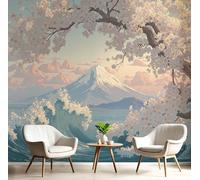 Mural de Pared de Ukiyo-E con Flores De Cerezo Del Monte Fuji, Papel Pintado Fotográfico 250Anx175Al cm, Murales Fotográfico Decorativo para Sala de Estar, Dormitorio, Oficina